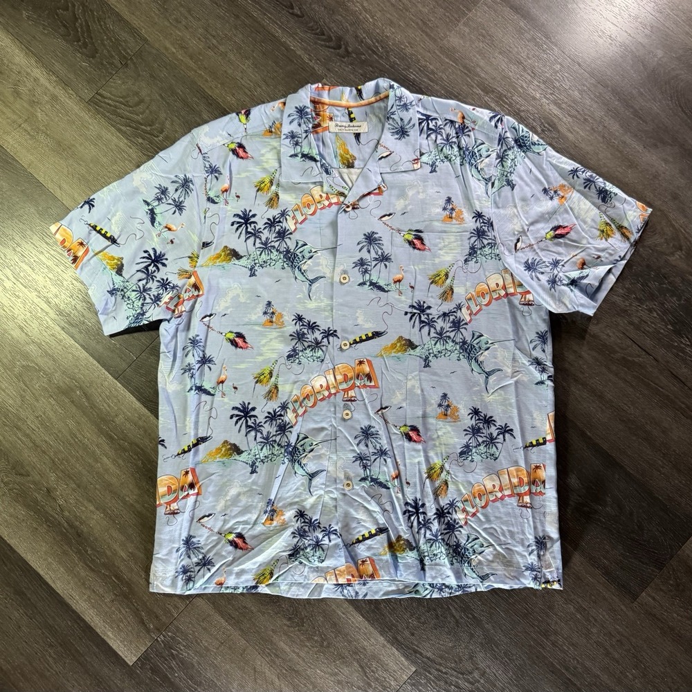 Tommy Bahama Cay Florida Camp Shirt XL Blue Fishing Marlin Hawaiian Aloha
